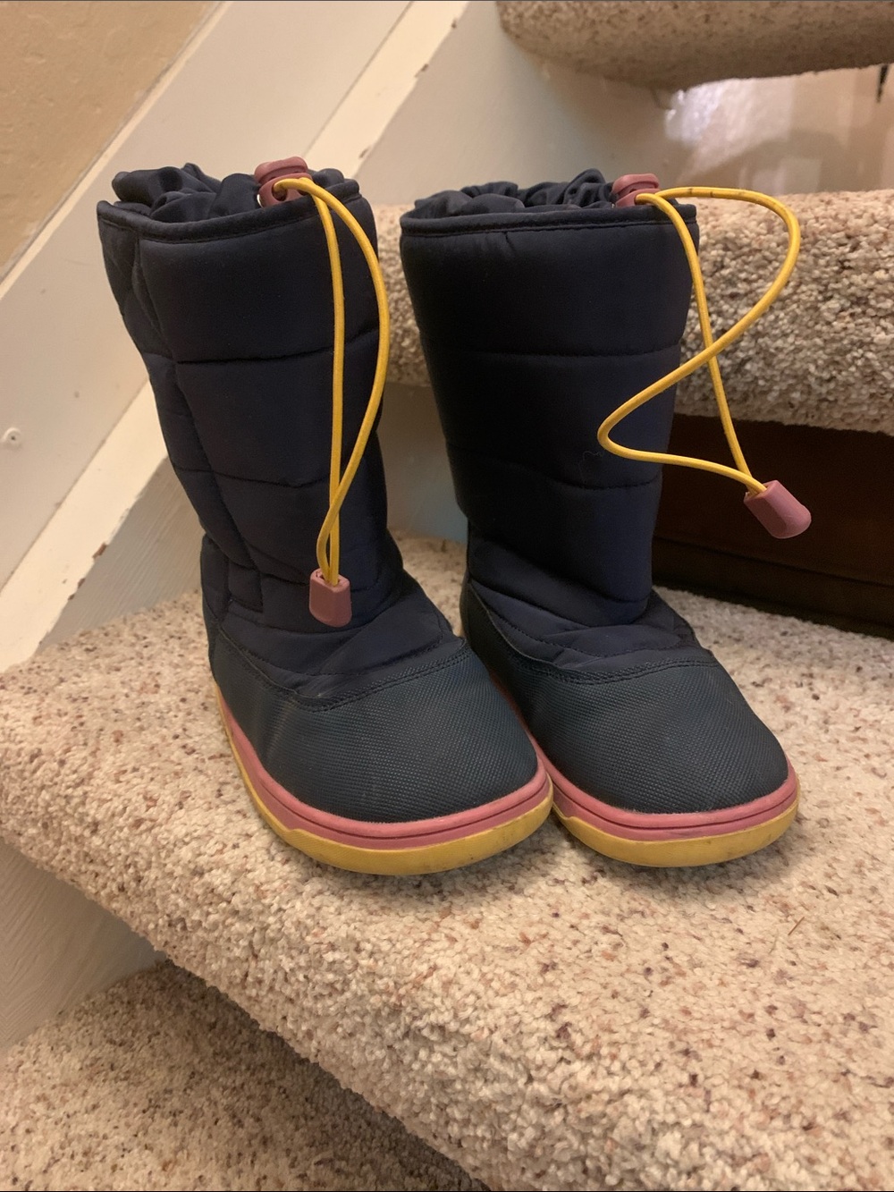 Kids Navy Winter Boots with Pink Trim and Yellow Drawcord